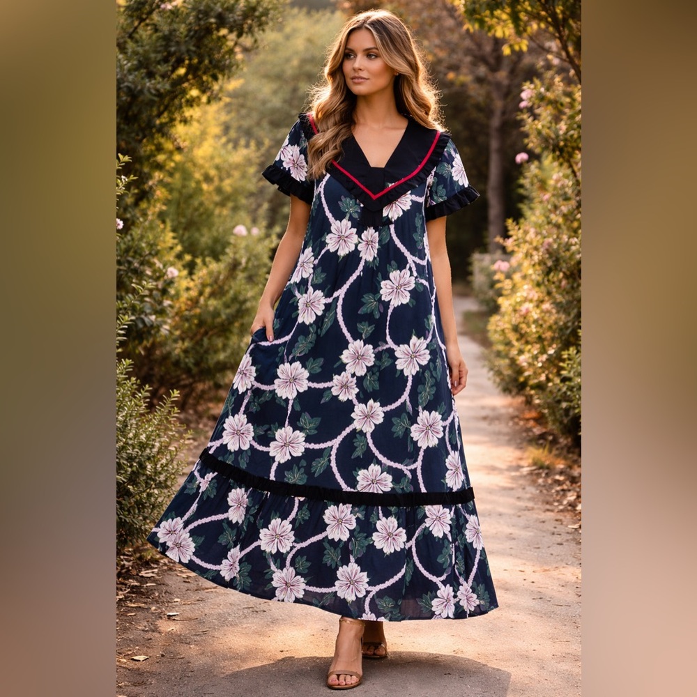 Vtg RM Made InHawaii Muumuu Dress Black Floral Ruffle Maxi 16 Tiki Luau Boho 80s